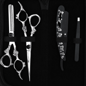 Ensemble de ciseaux de coiffure professionnels en acier inoxydable, lame tranchante, pour droitiers, manche long, utilisation en salon, étui noir inclus SAAR - Product Image 1
