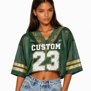 Slim Fit Women's American Football Jersey Ruched Style <b>Mesh</b> Crop <b>Top</b> Half Sleeve Custom Teamwear Bulk Order - Product Image 5