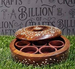 Boîte à épices en bois artisanale Billion Crafts, conteneur de rangement pour herbes, couvercle à rabat, design moderne, incrustation florale, cuisine, masala - Product Image 4