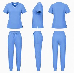 Ensemble de blouses médicales bleu clair pour femmes, manches courtes, col en V, coton et polyester tricoté, uniforme d'hôpital pour les professionnels de la santé - Product Image 1