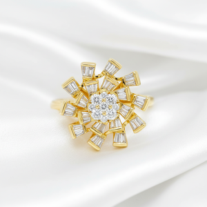 Anillo de compromiso y boda de plata de ley 925 con diseño floral moderno, moissanita de corte brillante y baguette, para mujer, ideal para fiestas, regalo. - Product Image 1