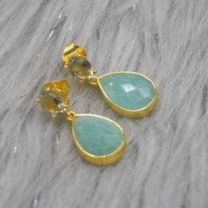 Amazonite Green 925 <b>Sterling</b> <b>Silver</b> 14K Gold Plated Teardrop <b>Dangle</b> <b>Earrings</b> For Women - Product Image 1