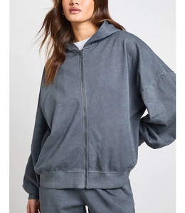 Conjunto de chándal personalizado de tejido grueso lavado GSM, con chaqueta con cremallera de forro polar tecnológico vintage y pantalones de chándal de cintura media con hombros caídos, conjunto a juego - Product Image 5