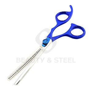 Ciseaux professionnels à effiler les cheveux en acier inoxydable avec manche bleu vif et lame texturante à 30 dents - Product Image 1