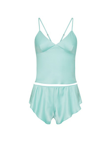 Conjunto de Salón de Satén Color Menta para Mujer, Cuello en V, Sin Mangas, Pantalones Cortos, Elegante Ropa de Dormir de Verano de 2 Piezas, Color Liso Suave - Product Image 3