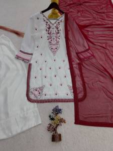 <b>Women's</b> <b>White</b> Embroidered Silk Anarkali <b>Suit</b> Palazzo Pants Maroon Dupatta Indian Pakistani Ethnic Wear Shreeji Fashion Quick Dry - Product Image 1