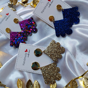 Boucles d'oreilles éventail à paillettes faites à la main, violet, bleu, or, bijoux à paillettes, ensemble cadeau pour la Saint-Valentin - Product Image 1