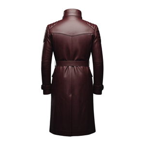 Men's <b>Burgundy</b> Genuine Leather Knee Length <b>Trench</b> <b>Coat</b> Stand Collar Zipper Closure Regular Sleeve - Product Image 6