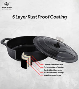 Casserole peu profonde en fonte avec couvercle, revêtement émaillé multicouche durable, distribution uniforme de la chaleur, compatible four et induction - Product Image 4