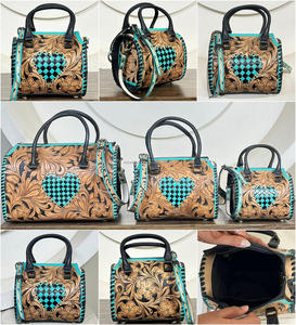 Sac de voyage en cuir artisanal Western avec motif cœur turquoise, sac fourre-tout, sacoche cylindrique, sacs à main de mode pour femmes - Product Image 3
