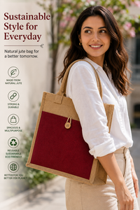 Jute Shopping <b>Bag</b> <b>Medium</b> <b>Size</b> Button Closure Cotton Padded Handle Natural Laminated Material Front Pocket - Product Image 4