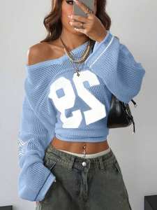 Suéter de punto personalizado al por mayor para mujer, jersey de malla oversize con gráfico numérico, estilo urbano, OEM ODM - Product Image 6