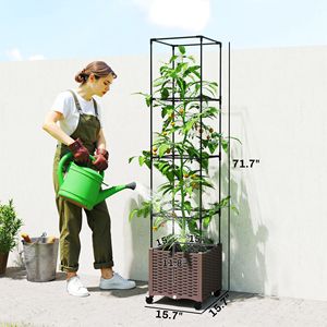Fioriera Marrone Autoirrigante con Spalliera e Fori di Drenaggio, Ruote Bloccabili per Pomodori e Fiori - Product Image 3