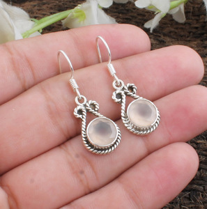 Boucles d'oreilles pendantes en argent sterling 925 avec pierre précieuse rose en quartz rose naturel, luxe pour mariage - Product Image 2