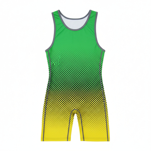 Traje de Lucha Unisex Ajustado de Una Pieza, Negro con Rayas Diagonales Doradas, Impresión por Descarga, Elástico, 100% Poliéster, 140g, Logotipo Frontal - Product Image 5