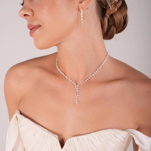 Ensemble de bijoux de mariée en cristal - Collier en Y, bracelet et boucles d'oreilles en argent sterling plaqué platine en forme de feuille - Product Image 6