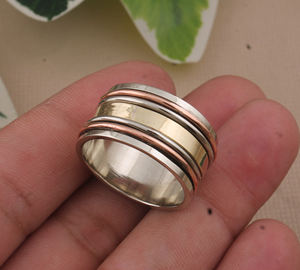 แหวนโลหะผสมทำมือ เงินแท้ 925 ทองแดงและทองเหลือง แหวนหมุนสองสี สไตล์โบโฮ งานฝีมือ ขายส่ง - Product Image 2