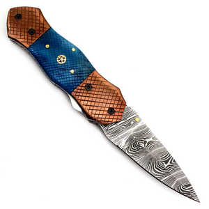 Navaja Plegable de Acero de Damasco con Hoja de Punta Caída, Mango de Micarta Azul, 8 Pulgadas de Longitud Total, con Perilla de Pulgar, Navaja de Bolsillo - Product Image 4