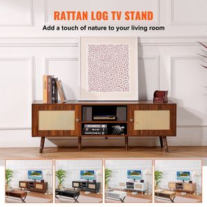 Metà del secolo moderno 65 pollici TV Stand Boho Rattan & noce armadietto ripiani regolabili costruire-in porte USB per soggiorno Media Room - Product Image 3