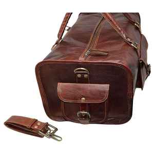 Sac de voyage en cuir marron grande capacité avec fermeture éclair, classique, pour week-end, unisexe, poignée souple, doublure en polyester - Product Image 3