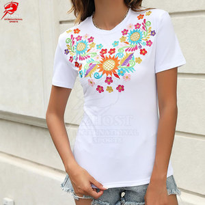 Camisetas de Algodón de Manga Corta para Mujer, Bordadas, Suaves y Cómodas, Casuales, para Impresión de Logotipo Personalizado, Venta al Por Mayor, OEM - Product Image 2