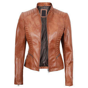Custom Women's Slim Fit Cognac Brown Genuine Lambskin Leather <b>Jacket</b> Quilted Biker Style Cafe Racer Ladies <b>Jacket</b> - Product Image 1