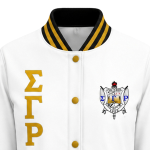Custom <b>White</b> Varsity Jacket with Black and Gold Striped Ribbed Collar Cuffs Hem Greek Letter Embroidery Crest Logo Collegiate Le - Product Image 5
