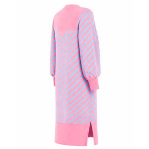 Cárdigan largo abierto para mujer Gamma Phi Delta, rosa y azul a rayas, con puños acanalados bordados y aberturas laterales. - Product Image 4