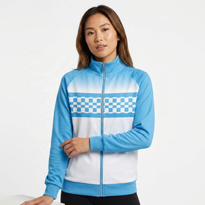 Veste longue unisexe bleue et blanche à blocs de couleur, col montant, fermeture éclair, style sportif, en polaire tricotée, écologique, pour l'hiver - Product Image 6