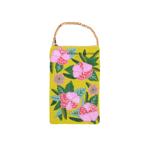Pochette de téléphone brodée florale jaune avec perles et chaîne dorée, design Chinoiserie, faite main sur mesure - Product Image 1