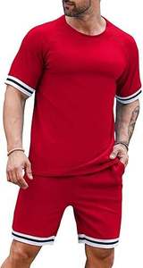 Ensemble 2 pièces pour homme, couleur rouge unie, été, nouveau, respirant, t-shirt à manches courtes, short, décontracté, sport, streetwear, coton, élasthanne - Product Image 4