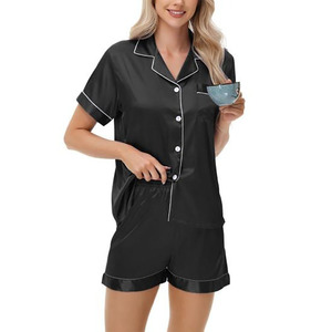 Custom Women <b>Satin</b> <b>Pajama</b> Set <b>Short</b> Sleeve Button Down Sleepwear Silk <b>Pajama</b> <b>Shorts</b> Set Soft Summer Nightwear OEM ODM Manufactur - Product Image 2