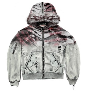 เสื้อแจ็คเก็ตมีฮู้ดสไตล์วินเทจสำหรับผู้ชาย ผ้าฝ้ายหนานุ่มถักแบบพิเศษ ขอบดิบ ลุคทำเก่า ซักได้ มีกระเป๋าคาร์โก้ ผลิตตามแบบ ODM กันน้ำ เป็นมิตรต่อสิ่งแวดล้อม - Product Image 1