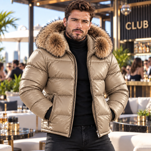 Men's Premium Leather Puffer <b>Jacket</b> With Fox <b>Fur</b> <b>Hood</b> | Piumino Lucido Uomo | Chaqueta Brillante | Doudoune Brillante - Product Image 5