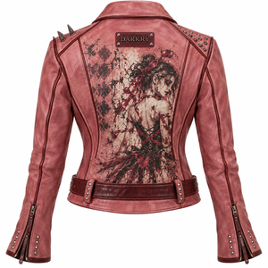 Chaqueta de cuero genuino para mujer, color rosa polvo, estilo motero, con cinturón y hombros con púas, estampado gráfico personalizado, proveedor OEM - Product Image 2