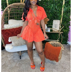 <b>Womens</b> Pink Short Sleeve Turn Down <b>Collar</b> Romper High Waist Solid Ruffle Playsuit Summer Sexy Club Jumpsuit - Product Image 5