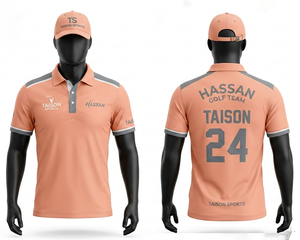 Polo de Golf para Hombre, 180 GSM, Tela Piqué de Poliéster, Color Durazno, Paneles Grises en los Hombros, Impresión de Logotipo Personalizado - Product Image 1