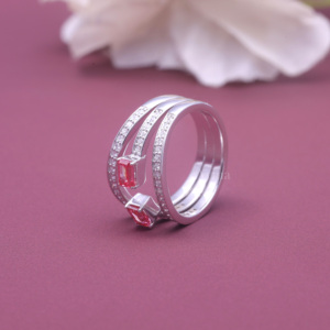 Bague triple bande en argent sterling 925 massif avec diamant rose fantaisie cultivé en laboratoire certifié IGI, taille émeraude, bague statement - Product Image 5