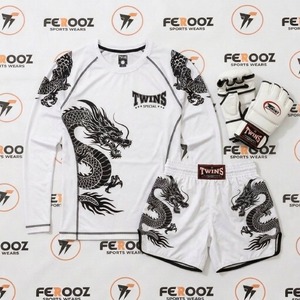 Vêtements d'entraînement d'arts martiaux, chemise à manches longues avec imprimé dragon blanc et rouge et short de Muay Thai, ensemble de combat - Product Image 2