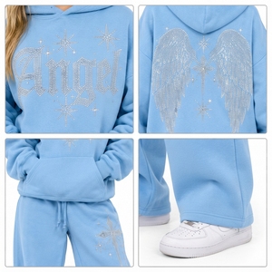 <b>Women's</b> Rhinestone Printed Drop Shoulder Hooded Sweat <b>Shirt</b> & <b>Baggy</b> Sweat Pant Set Ladies Pullover Hooded Full Length Trackuit - Product Image 6