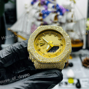 Iced Out Watch Moissanite Diamond Hip Hop Luxury Timepiece Yellow Dial Square <b>Case</b> Bold Statement Watch - Product Image 1