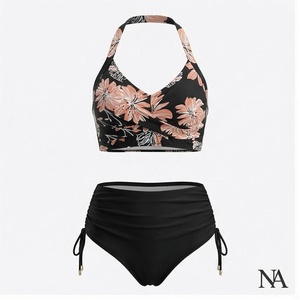 Ensemble bikini 2 pièces à imprimé floral pour femme, haut croisé à bretelles, bas taille haute, extensible, en spandex et polyester - Product Image 1