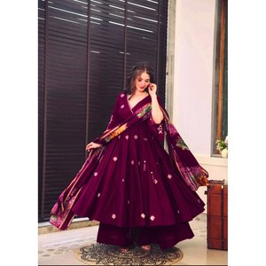 DISEÑADOR CHINON BORDADO TRABAJO VESTIDO PALAZZO CON DUPATTA VINO - Product Image 1