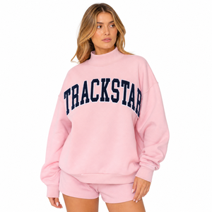 Sweat-shirt oversize à col montant rose pâle pour femme, motif Trackstar, en coton éponge, style streetwear TSI-MN-004 - Product Image 1