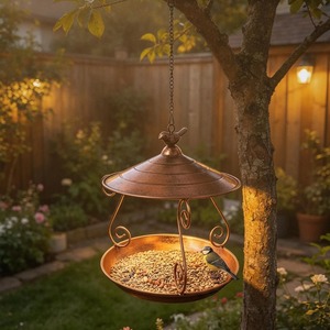 Bain d'oiseaux suspendu en cuivre avec motif floral, finition martelée, ornement de jardin extérieur de style traditionnel, pour usage extérieur en jardin. - Product Image 4