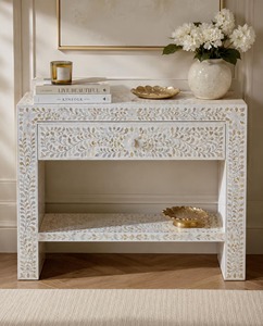 Table console artisanale écologique en nacre grise à motif de feuilles, avec un seul tiroir, design moderne, multifonctionnelle, décoration d'intérieur - Product Image 1
