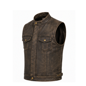 Gilet moto en cuir véritable pour homme, col montant, finition marron délavé, fermeture à bouton unique, longueur standard, vêtement d'extérieur - Product Image 4