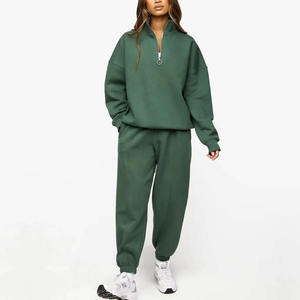Conjunto Deportivo de Mujer, Color Verde Sólido, con Cierre de Media Cremallera, Manga Larga, Corte Holgado, Informal, 100% Algodón, Sudadera Otoñal con Bolsillos Laterales - Product Image 2