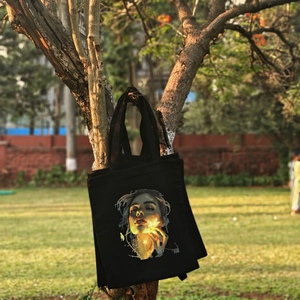 Custom Printed Black Cotton <b>Canvas</b> Tote <b>Bag</b> Reusable <b>Large</b> Capacity Shopping <b>Bag</b> Fashion Graphic Artwork Shoulder <b>Bag</b> - Product Image 2