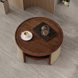 Tavolino da Caffè Rotondo a 2 Livelli in Legno con Base in Rattan e Vano Portaoggetti 31,3 Pollici - Product Image 3